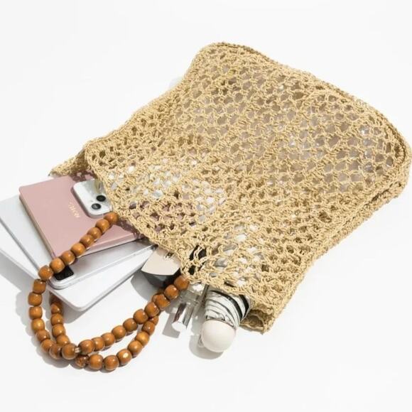 Bohemian Beaded Handle Large  Summer Straw Bag Tote/Beach Bag - Picture 1 of 9
